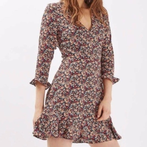 Topshop Open Back Floral Ruffle Mini Dress Sz 4 - Picture 2 of 9